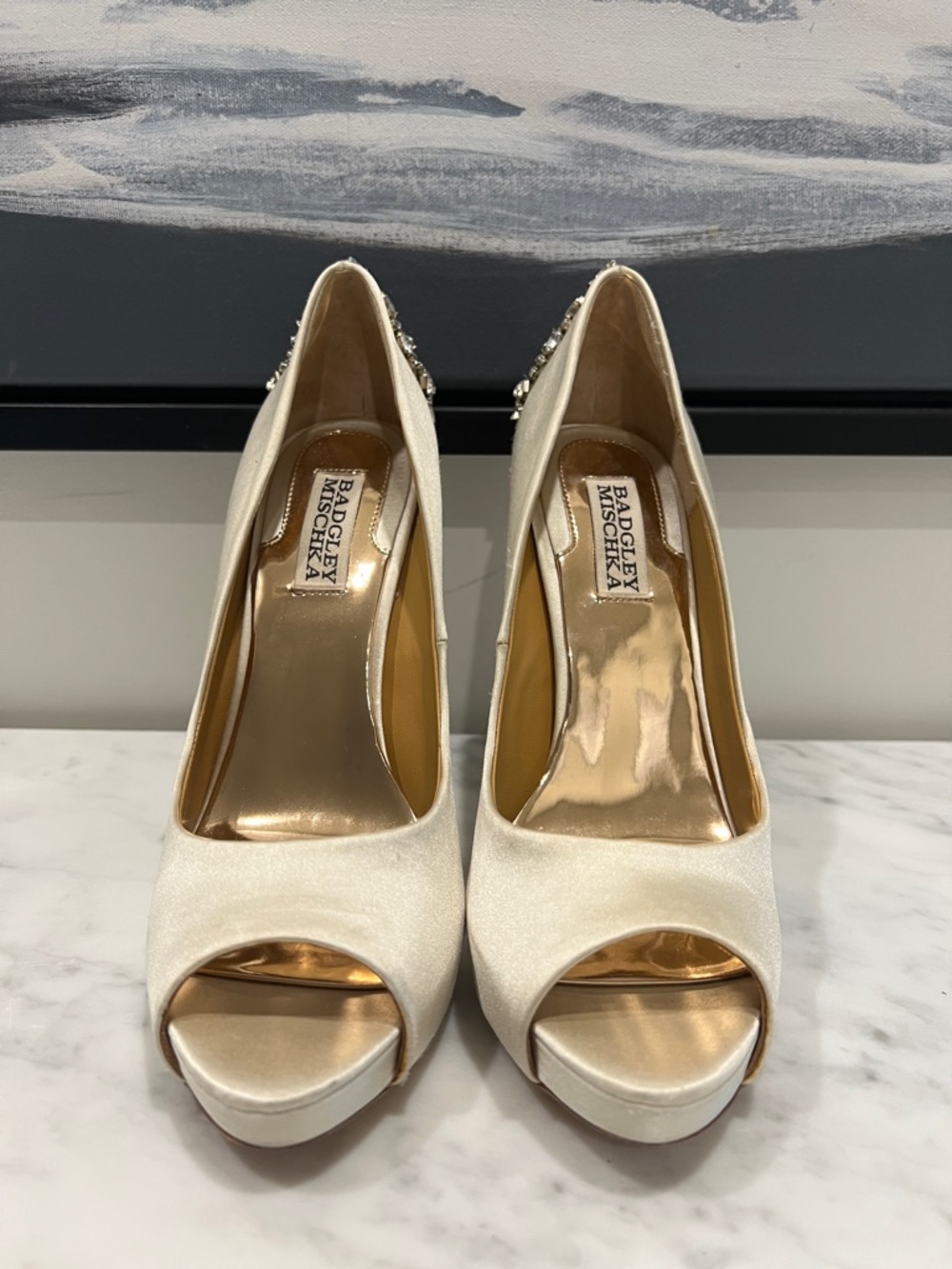 Badgley Mischka Ivory Satin Peep-Toe Platform Pumps with Crystal Back Detail
